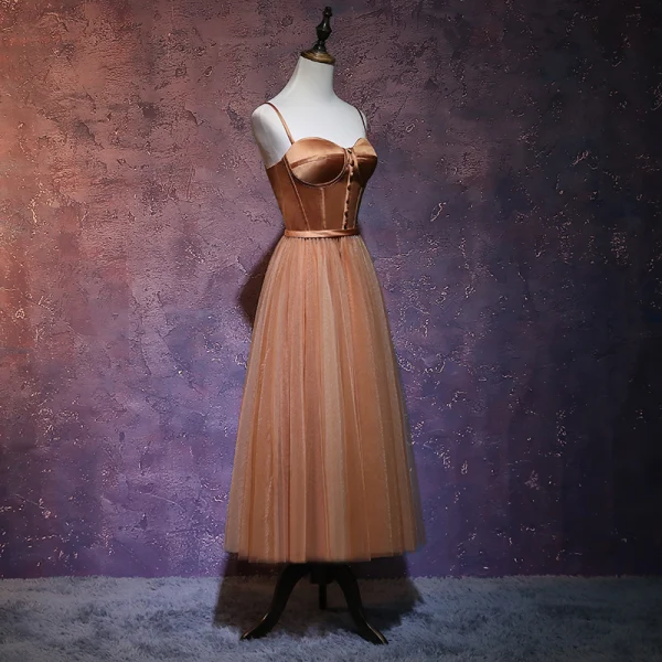 Chic / Belle Marron Robe De Bal 2019 Princesse Bretelles Spaghetti Sans Manches Ceinture Thé Longueur Volants Dos Nu Robe De Ceremonie