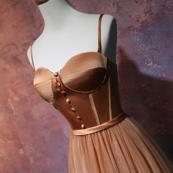Chic / Belle Marron Robe De Bal 2019 Princesse Bretelles Spaghetti Sans Manches Ceinture Thé Longueur Volants Dos Nu Robe De Ceremonie
