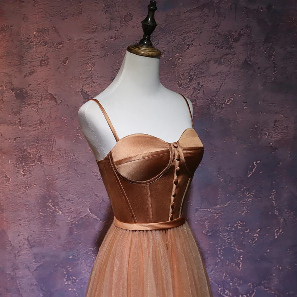 Chic / Belle Marron Robe De Bal 2019 Princesse Bretelles Spaghetti Sans Manches Ceinture Thé Longueur Volants Dos Nu Robe De Ceremonie