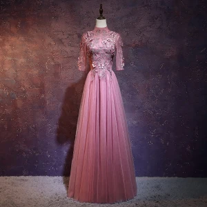 Vintage Originale Rose Bonbon Transparentes Robe De Soirée 2019 Princesse Col Haut 1 2 Manches Appliques En Dentelle Perle Longue Volants Dos Nu Robe De Ceremonie