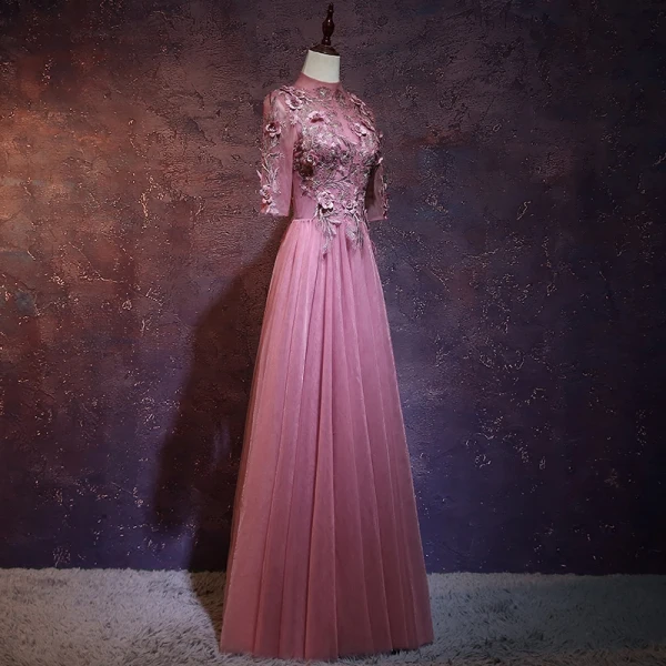 Vintage / Retro Candy Pink See-through Evening Dresses 2019 A-Line / Princess High Neck 1/2 Sleeves Appliques Lace Pearl Floor-Length / Long Ruffle Backless Formal Dresses
