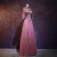 Vintage / Retro Candy Pink See-through Evening Dresses  2019 A-Line / Princess High Neck 1/2 Sleeves Appliques Lace Pearl Floor-Length / Long Ruffle Backless Formal Dresses