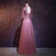 Vintage / Retro Candy Pink See-through Evening Dresses  2019 A-Line / Princess High Neck 1/2 Sleeves Appliques Lace Pearl Floor-Length / Long Ruffle Backless Formal Dresses