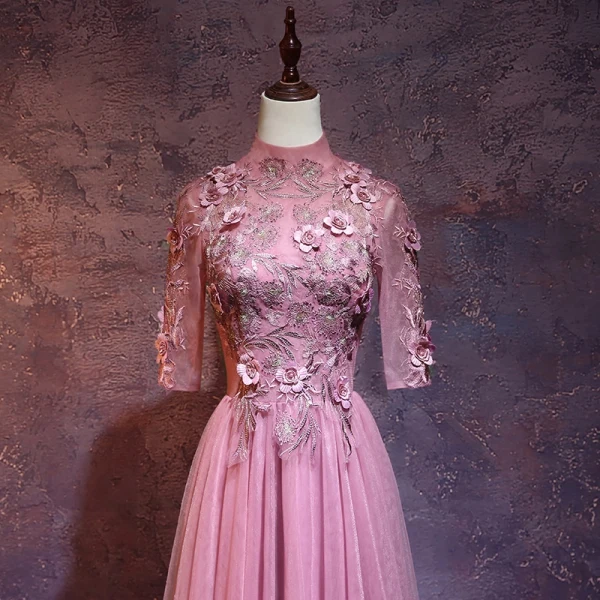 Vintage / Retro Candy Pink See-through Evening Dresses 2019 A-Line / Princess High Neck 1/2 Sleeves Appliques Lace Pearl Floor-Length / Long Ruffle Backless Formal Dresses