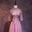 Vintage / Retro Candy Pink See-through Evening Dresses  2019 A-Line / Princess High Neck 1/2 Sleeves Appliques Lace Pearl Floor-Length / Long Ruffle Backless Formal Dresses