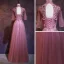 Vintage / Retro Candy Pink See-through Evening Dresses  2019 A-Line / Princess High Neck 1/2 Sleeves Appliques Lace Pearl Floor-Length / Long Ruffle Backless Formal Dresses