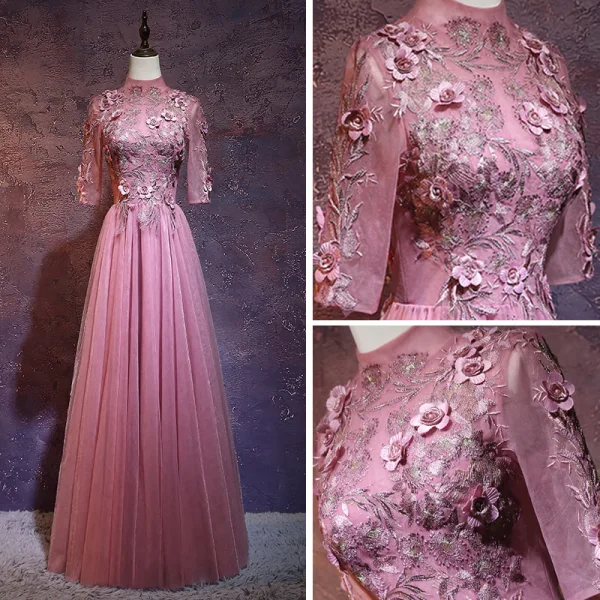 Vintage / Retro Candy Pink See-through Evening Dresses 2019 A-Line / Princess High Neck 1/2 Sleeves Appliques Lace Pearl Floor-Length / Long Ruffle Backless Formal Dresses