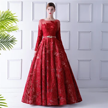 Elegant Red Prom Dresses 2019 A Line Princess See Through Scoop Neck Long Sleeve Bow Sash Glitter Lace Floor Length Long Ruffle Backless Formal Dresses