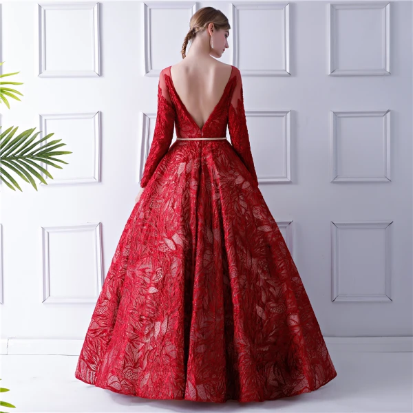 Elegant Red Prom Dresses 2019 A-Line / Princess See-through Scoop Neck Long Sleeve Bow Sash Glitter Lace Floor-Length / Long Ruffle Backless Formal Dresses