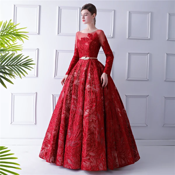 Elegant Red Prom Dresses 2019 A-Line / Princess See-through Scoop Neck Long Sleeve Bow Sash Glitter Lace Floor-Length / Long Ruffle Backless Formal Dresses