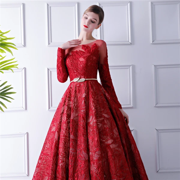 Elegant Red Prom Dresses 2019 A-Line / Princess See-through Scoop Neck Long Sleeve Bow Sash Glitter Lace Floor-Length / Long Ruffle Backless Formal