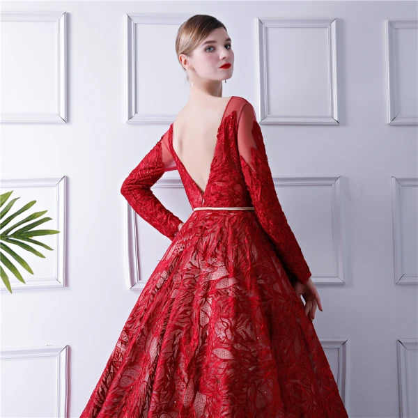 Elegant Red Prom Dresses 2019 A-Line / Princess See-through Scoop Neck Long Sleeve Bow Sash Glitter Lace Floor-Length / Long Ruffle Backless Formal
