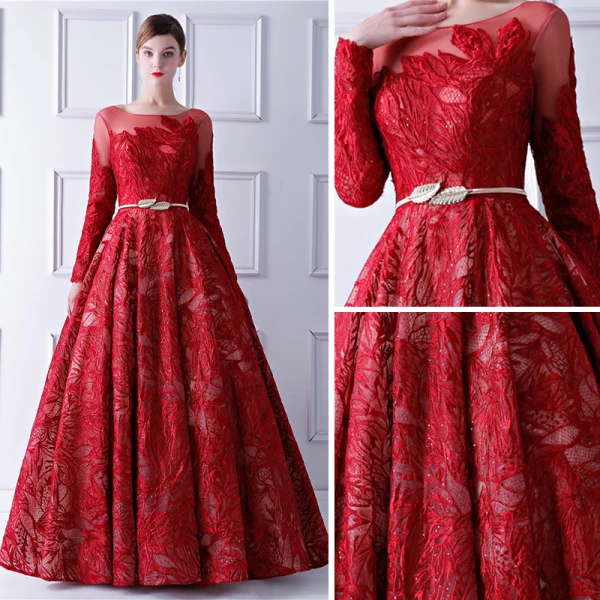 Elegant Red Prom Dresses 2019 A-Line / Princess See-through Scoop Neck Long Sleeve Bow Sash Glitter Lace Floor-Length / Long Ruffle Backless Formal Dresses