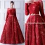 Elegant Red Prom Dresses 2019 A-Line / Princess See-through Scoop Neck Long Sleeve Bow Sash Glitter Lace Floor-Length / Long Ruffle Backless Formal Dresses