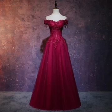 Chic Bordeaux Robe De Soirée 2019 Princesse De L Épaule Manches Courtes Perlage Gland Appliques En Dentelle Longue Volants Dos Nu Robe De Ceremonie