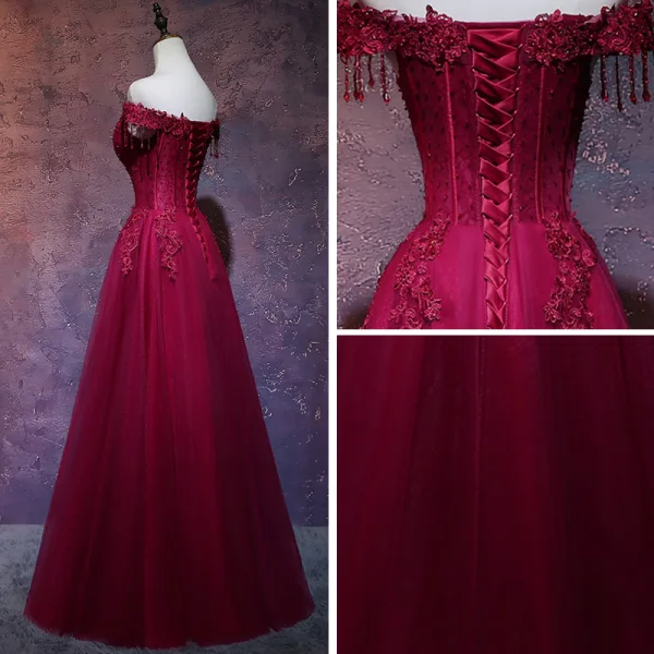 Chic Bordeaux Robe De Soirée 2019 Princesse De l'épaule Manches Courtes Perlage Gland Appliques En Dentelle Longue Volants Dos Nu Robe De Ceremonie