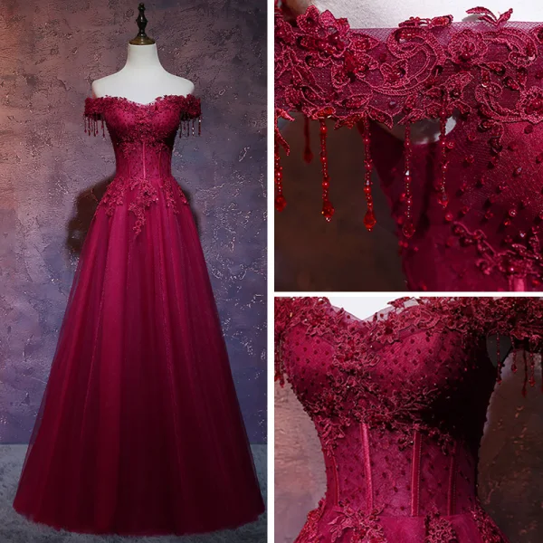 Chic Bordeaux Robe De Soirée 2019 Princesse De l'épaule Manches Courtes Perlage Gland Appliques En Dentelle Longue Volants Dos Nu Robe De Ceremonie