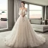 Classy Champagne Wedding Dresses 2019 A-Line / Princess Off-The-Shoulder Short Sleeve Backless Appliques Lace Sequins Court Train Ruffle