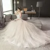 Classy Champagne Wedding Dresses 2019 A-Line / Princess Off-The-Shoulder Short Sleeve Backless Appliques Lace Sequins Court Train Ruffle