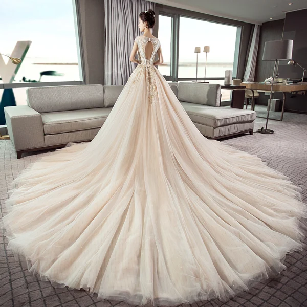 Edles Champagner Brautkleider / Hochzeitskleider 2019 A Linie V-Ausschnitt Ärmellos Rückenfreies Applikationen Spitze Glanz Tülle Kathedrale Schleppe Rüschen