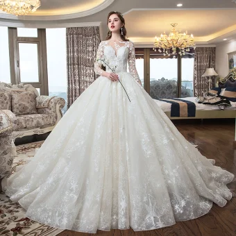 Romantic Champagne See Through Wedding Dresses 2019 Ball Gown Square Neckline 3 4 Sleeve Backless Star Appliques Lace Cathedral Train Ruffle