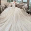 Romantique Champagne Transparentes Robe De Mariée 2019 Robe Boule Encolure Carrée 3/4 Manches Dos Nu Étoile Appliques En Dentelle Cathedral Train Volants