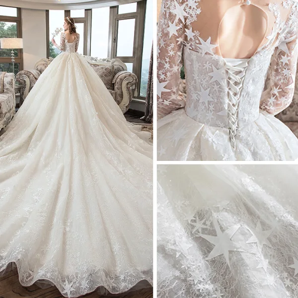 Romantisch Champagner Durchsichtige Brautkleider / Hochzeitskleider 2019 Ballkleid Eckiger Ausschnitt 3/4 Ärmel Rückenfreies Star Applikationen Spitze Kathedrale Schleppe Rüschen