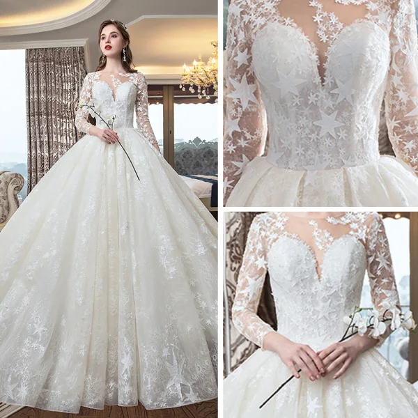 Romantisch Champagner Durchsichtige Brautkleider / Hochzeitskleider 2019 Ballkleid Eckiger Ausschnitt 3/4 Ärmel Rückenfreies Star Applikationen Spitze Kathedrale Schleppe Rüschen