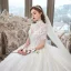 Luxe Ivoire Transparentes Robe De Mariée 2019 Robe Boule Col Haut Manches Courtes Dos Nu Perlage Gland Appliques En Dentelle Glitter Tulle Cathedral Train Volants
