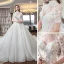 Luxe Ivoire Transparentes Robe De Mariée 2019 Robe Boule Col Haut Manches Courtes Dos Nu Perlage Gland Appliques En Dentelle Glitter Tulle Cathedral Train Volants