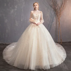 Chic Belle Champagne Transparentes Robe De Mariée 2019 Robe Boule Col Haut Gonflée 3 4 Manches Dos Nu Glitter Étoile Cathedral Train Volants