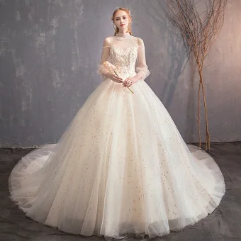 Chic Beautiful Champagne See Through Wedding Dresses 2019 Ball Gown High Neck Puffy 3 4 Sleeve Backless Glitter Star Cathedral Train Ruffle
