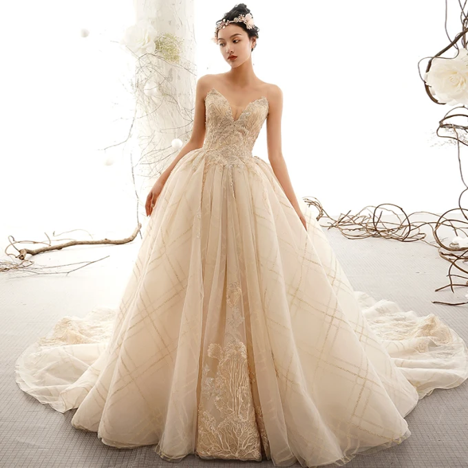 Luksus Champagne Brudekjoler 2019 Ballkjole Kjæreste Uten Ermer Ryggløse Appliques Blonder Beading Glitter Tyll Chapel Train Buste