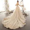 Luxury / Gorgeous Champagne Wedding Dresses 2019 Ball Gown Sweetheart Sleeveless Backless Appliques Lace Beading Glitter Tulle Chapel Train Ruffle