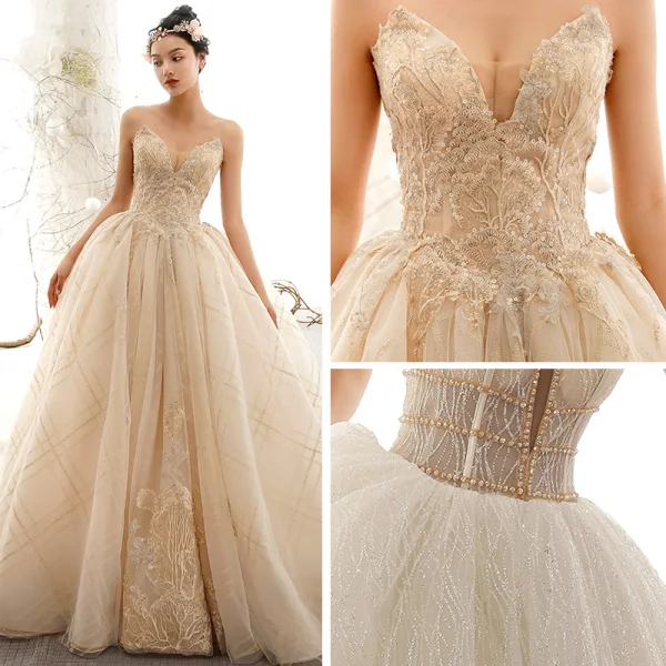 Luksus Champagne Brudekjoler 2019 Ballkjole Kjæreste Uten Ermer Ryggløse Appliques Blonder Beading Glitter Tyll Chapel Train Buste