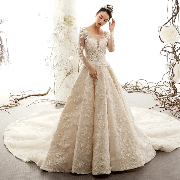 Best Champagne See-through Wedding Dresses 2019 A-Line / Princess Scoop Neck Long Sleeve Backless Appliques Lace Beading Cathedral Train Ruffle