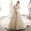Best Champagne See-through Wedding Dresses 2019 A-Line / Princess Scoop Neck Long Sleeve Backless Appliques Lace Beading Cathedral Train Ruffle