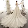 Best Champagne See-through Wedding Dresses 2019 A-Line / Princess Scoop Neck Long Sleeve Backless Appliques Lace Beading Cathedral Train Ruffle