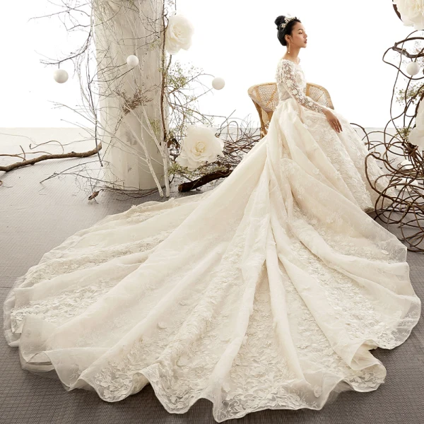 Best Champagne See-through Wedding Dresses 2019 A-Line / Princess Scoop Neck Long Sleeve Backless Appliques Lace Beading Cathedral Train Ruffle