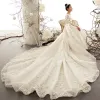 Best Champagne See-through Wedding Dresses 2019 A-Line / Princess Scoop Neck Long Sleeve Backless Appliques Lace Beading Cathedral Train Ruffle