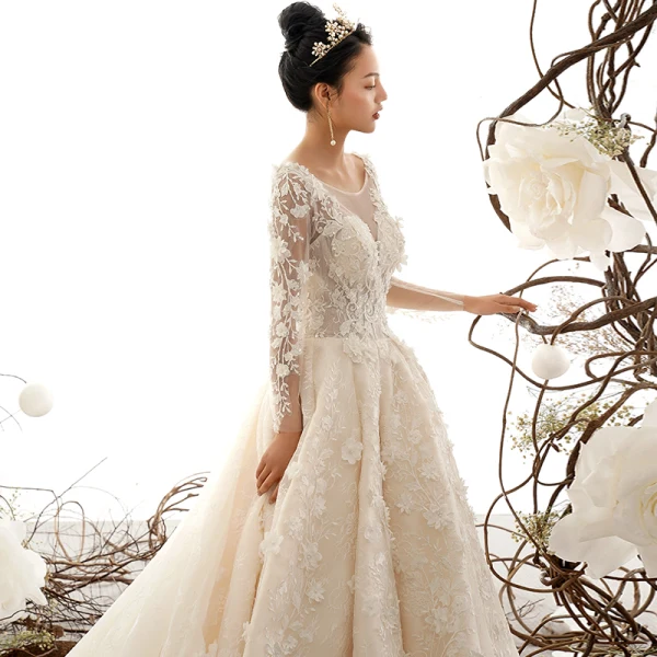 Best Champagne See-through Wedding Dresses 2019 A-Line / Princess Scoop Neck Long Sleeve Backless Appliques Lace Beading Cathedral Train Ruffle