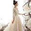 Best Champagne See-through Wedding Dresses 2019 A-Line / Princess Scoop Neck Long Sleeve Backless Appliques Lace Beading Cathedral Train Ruffle
