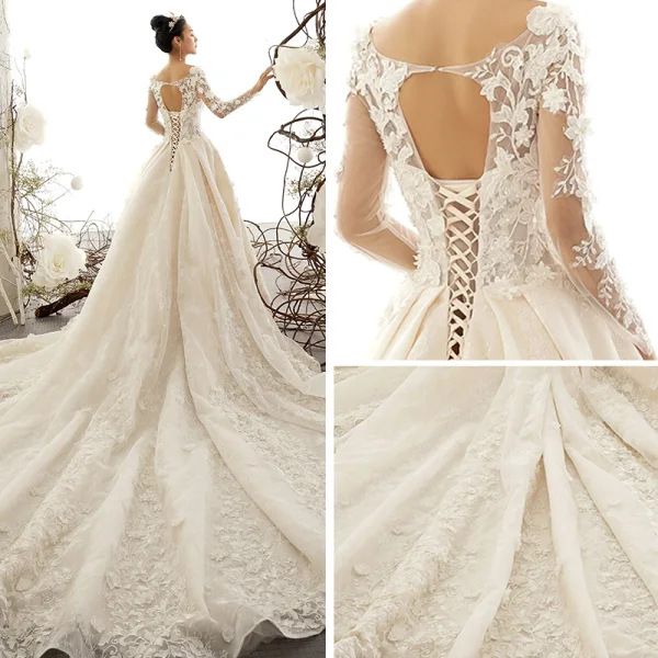 Best Champagne See-through Wedding Dresses 2019 A-Line / Princess Scoop Neck Long Sleeve Backless Appliques Lace Beading Cathedral Train Ruffle