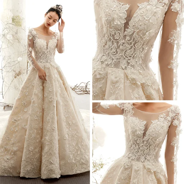 Best Champagne See-through Wedding Dresses 2019 A-Line / Princess Scoop Neck Long Sleeve Backless Appliques Lace Beading Cathedral Train Ruffle