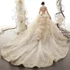 Luxury / Gorgeous Vintage / Retro Champagne See-through Wedding Dresses 2019 Ball Gown High Neck Short Sleeve Appliques Lace Glitter Tulle Cathedral Train Ruffle