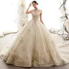 Luxury / Gorgeous Vintage / Retro Champagne See-through Wedding Dresses 2019 Ball Gown High Neck Short Sleeve Appliques Lace Glitter Tulle Cathedral Train Ruffle