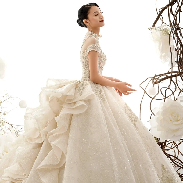 Luxury / Gorgeous Vintage / Retro Champagne See-through Wedding Dresses 2019 Ball Gown High Neck Short Sleeve Appliques Lace Glitter Tulle Cathedral Train Ruffle