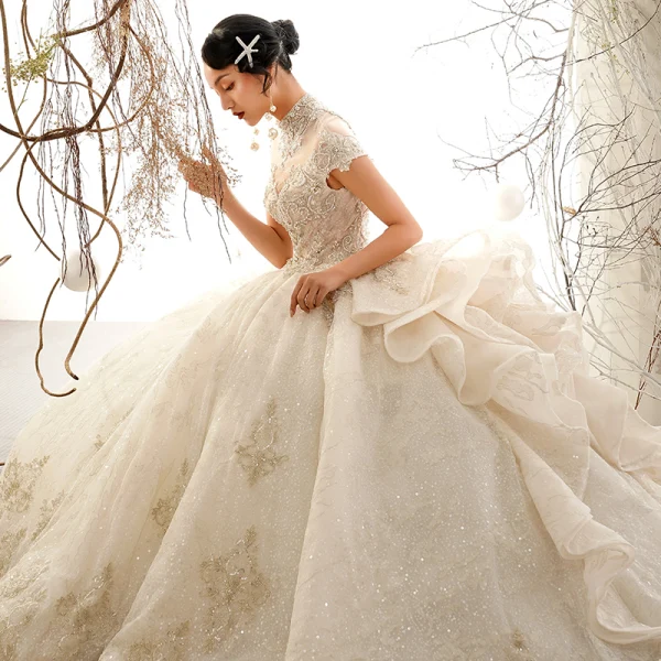 Luxury / Gorgeous Vintage / Retro Champagne See-through Wedding Dresses 2019 Ball Gown High Neck Short Sleeve Appliques Lace Glitter Tulle Cathedral Train Ruffle