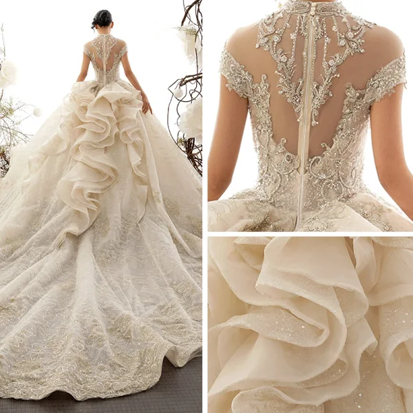 Luxury / Gorgeous Vintage / Retro Champagne See-through Wedding Dresses 2019 Ball Gown High Neck Short Sleeve Appliques Lace Glitter Tulle Cathedral Train Ruffle