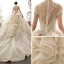 Luxury / Gorgeous Vintage / Retro Champagne See-through Wedding Dresses 2019 Ball Gown High Neck Short Sleeve Appliques Lace Glitter Tulle Cathedral Train Ruffle